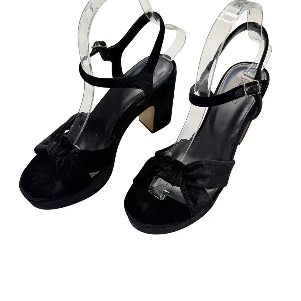 J.Crew Black Velvet Platform Heels Women’s 8 Block Heel Ankle Strap Sandals
